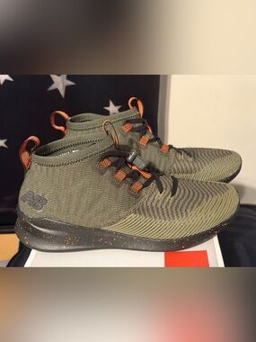 New Balance Men's Olive Green Knit Athletic Shoes with Orange Accents